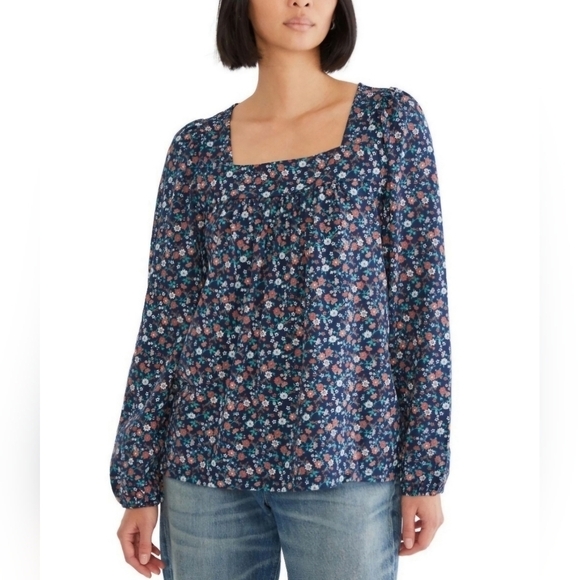 Lucky Brand SZ M Square Neck Ditsy Floral Elastic Cuff Loose Flowy Peasant Top - Picture 1 of 9
